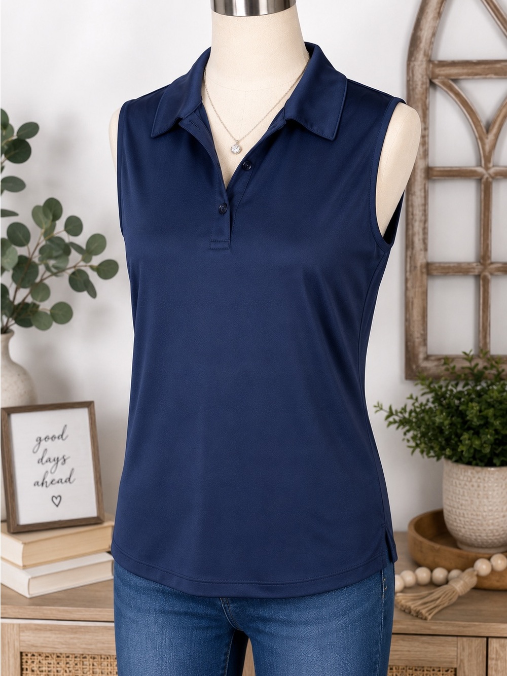 Greg Norman Play Dry Women's Sleeveless Golf Polo Navy Blue Size Large